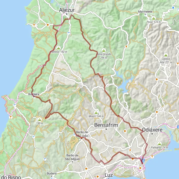 Miniatura do mapa de inspiração para ciclismo "Trilho das Colinas da Costa Oeste" em Algarve, Portugal. Gerado pelo planejador de rotas de ciclismo Tarmacs.app