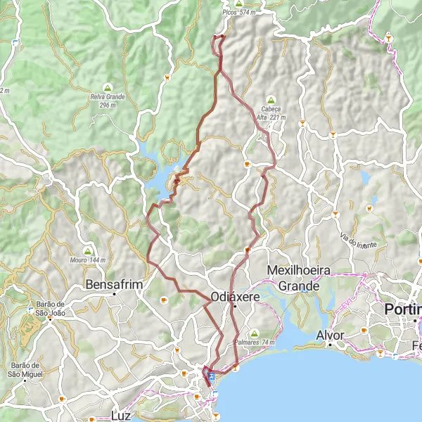 Miniatura do mapa de inspiração para ciclismo "Rota de Aventura em Lagos e Barranco do Milho" em Algarve, Portugal. Gerado pelo planejador de rotas de ciclismo Tarmacs.app