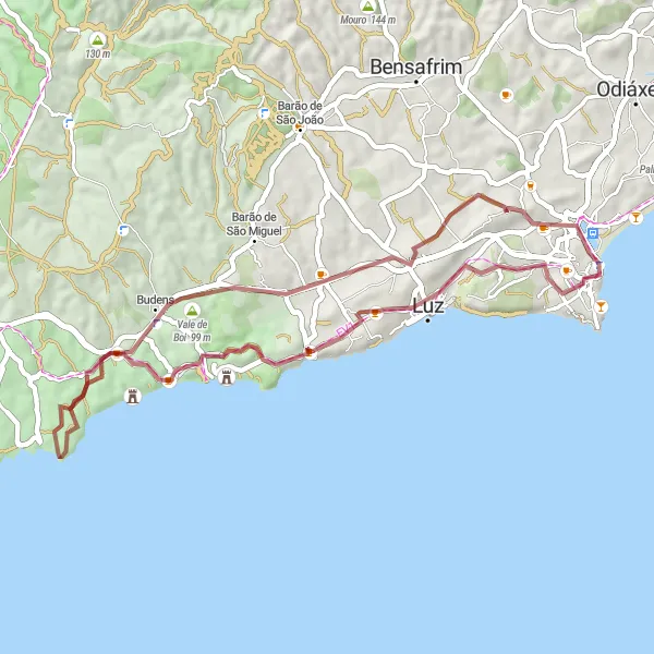 Map miniature of "Gravel Coastal Loop" cycling inspiration in Algarve, Portugal. Generated by Tarmacs.app cycling route planner