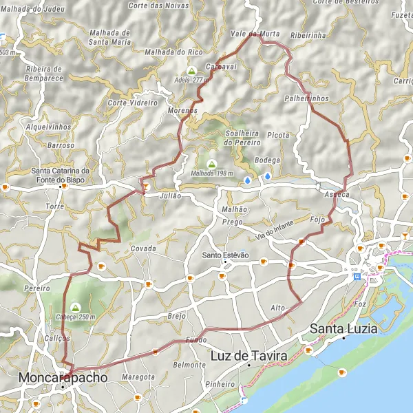 Miniatura do mapa de inspiração para ciclismo "Aventura Gravel em Moncarapacho" em Algarve, Portugal. Gerado pelo planejador de rotas de ciclismo Tarmacs.app