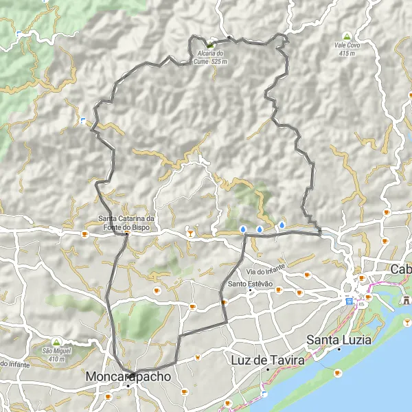 Miniatura do mapa de inspiração para ciclismo "Rota de Moncarapacho" em Algarve, Portugal. Gerado pelo planejador de rotas de ciclismo Tarmacs.app