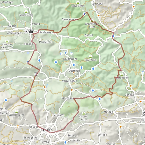 Miniatura do mapa de inspiração para ciclismo "Em torno de Loulé e Barranco do Velho" em Algarve, Portugal. Gerado pelo planejador de rotas de ciclismo Tarmacs.app