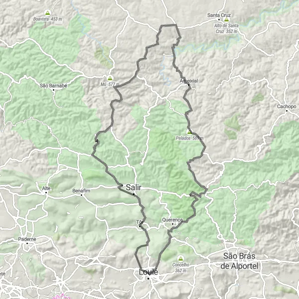 Miniatura do mapa de inspiração para ciclismo "Rota pela Velha Mestra e Ameixial" em Algarve, Portugal. Gerado pelo planejador de rotas de ciclismo Tarmacs.app