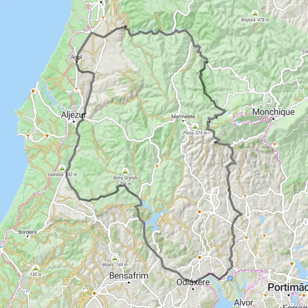 Miniatura do mapa de inspiração para ciclismo "Rota Cénica pela Costa" em Algarve, Portugal. Gerado pelo planejador de rotas de ciclismo Tarmacs.app