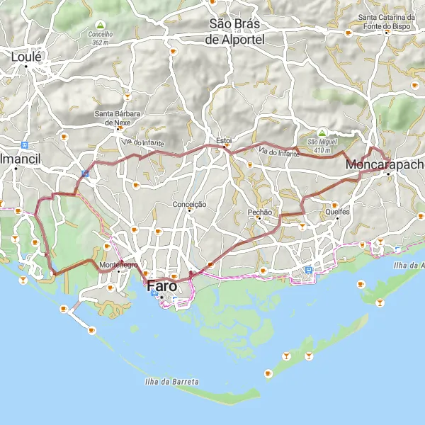 Map miniature of "Moncarapacho to Estoi Gravel Route" cycling inspiration in Algarve, Portugal. Generated by Tarmacs.app cycling route planner