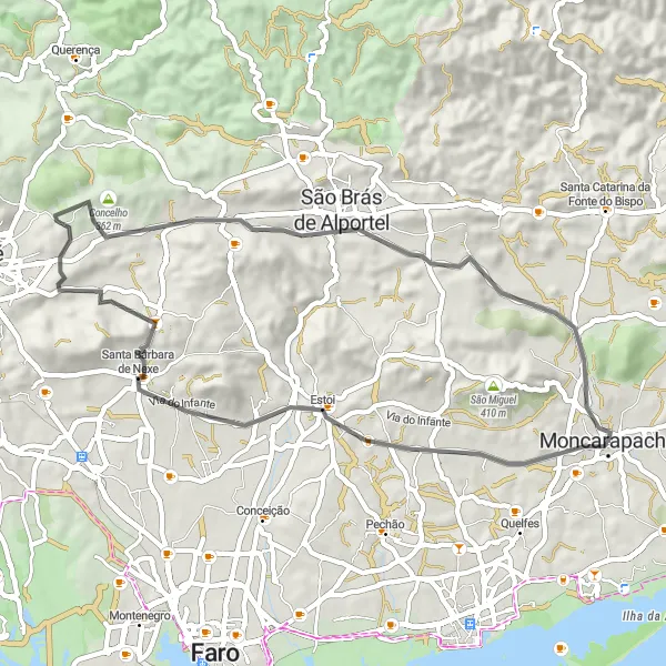 Miniatura do mapa de inspiração para ciclismo "Tour de Estrada até São Brás de Alportel" em Algarve, Portugal. Gerado pelo planejador de rotas de ciclismo Tarmacs.app