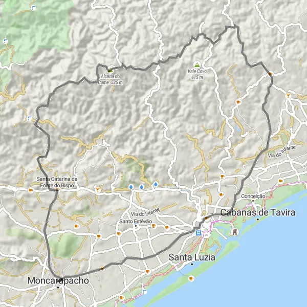 Miniatura do mapa de inspiração para ciclismo "Desafio da Serra de Tavira" em Algarve, Portugal. Gerado pelo planejador de rotas de ciclismo Tarmacs.app
