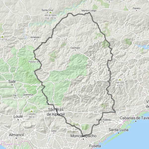 Miniatura do mapa de inspiração para ciclismo "Desafio Épico até Cerro do Major" em Algarve, Portugal. Gerado pelo planejador de rotas de ciclismo Tarmacs.app