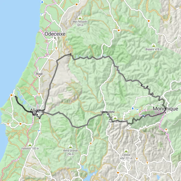 Map miniature of "Discovering the Mountains" cycling inspiration in Algarve, Portugal. Generated by Tarmacs.app cycling route planner