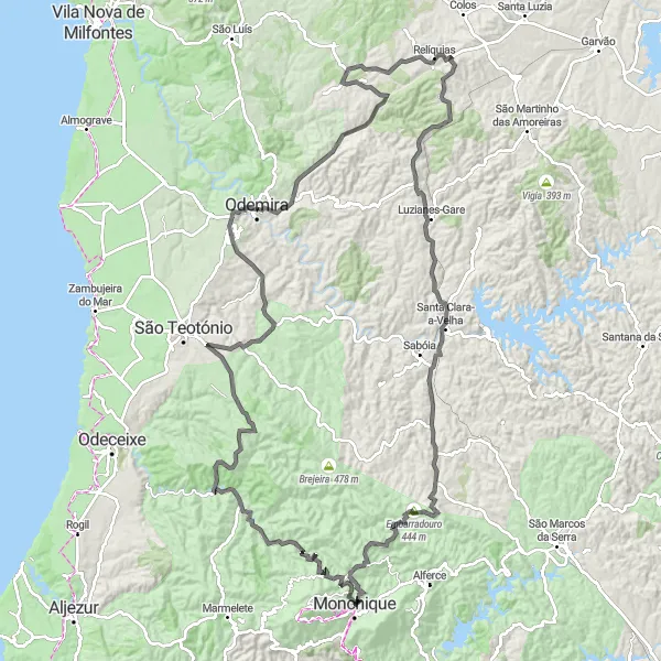 Miniatura do mapa de inspiração para ciclismo "Grand Tour pelas Aldeias de Monchique" em Algarve, Portugal. Gerado pelo planejador de rotas de ciclismo Tarmacs.app