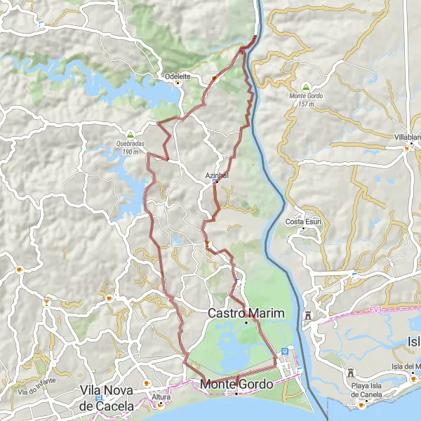 Miniatura do mapa de inspiração para ciclismo "Rota de Ciclismo de Gravel de Monte Gordo" em Algarve, Portugal. Gerado pelo planejador de rotas de ciclismo Tarmacs.app