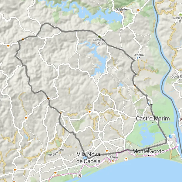 Miniatura do mapa de inspiração para ciclismo "Rota de Ciclismo de Estrada de Monte Gordo" em Algarve, Portugal. Gerado pelo planejador de rotas de ciclismo Tarmacs.app