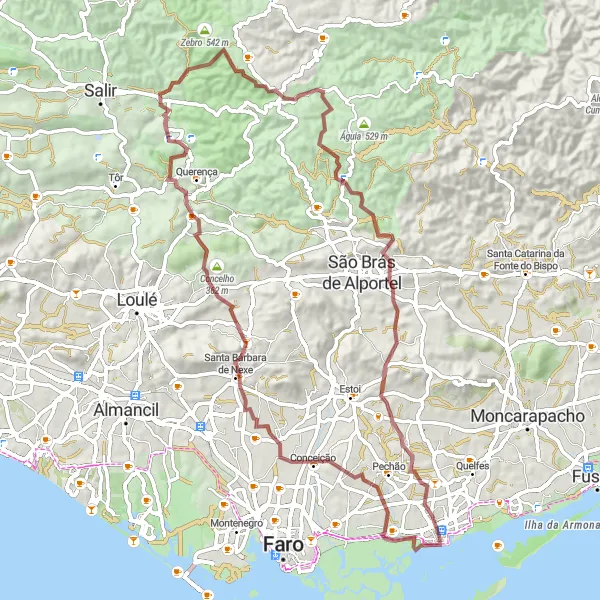 Map miniature of "Discover the Hidden Charms of Olhão on a Gravel Tour" cycling inspiration in Algarve, Portugal. Generated by Tarmacs.app cycling route planner