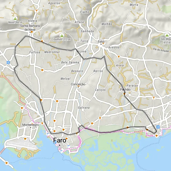 Miniatura do mapa de inspiração para ciclismo "Passeio Cênico de Estrada em Olhão" em Algarve, Portugal. Gerado pelo planejador de rotas de ciclismo Tarmacs.app