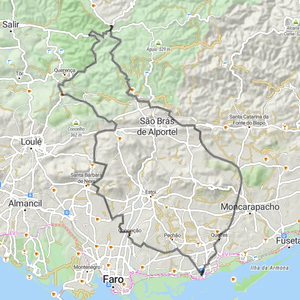 Miniatura do mapa de inspiração para ciclismo "Desafio de Ciclismo em Olhão" em Algarve, Portugal. Gerado pelo planejador de rotas de ciclismo Tarmacs.app