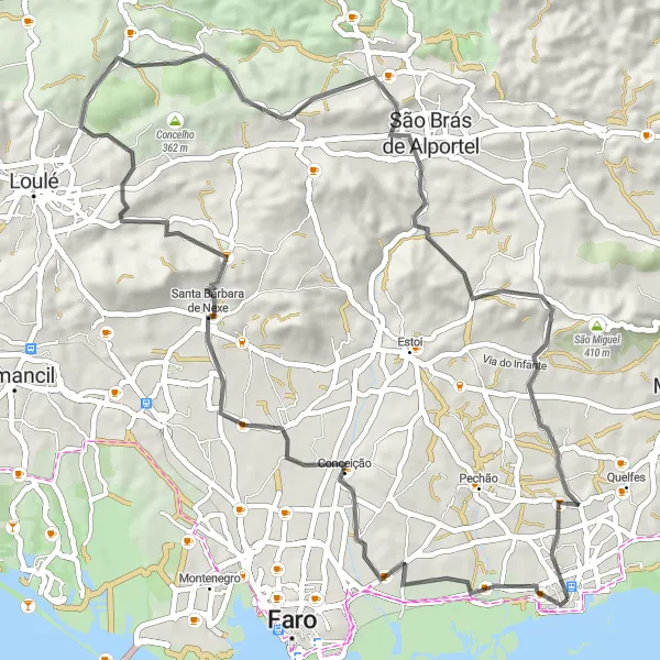 Map miniature of "Thrilling Road Cycling Tour in Olhão" cycling inspiration in Algarve, Portugal. Generated by Tarmacs.app cycling route planner