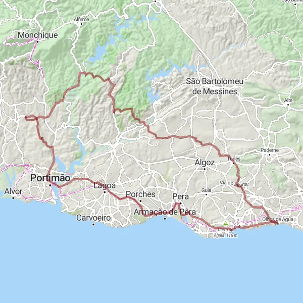 Miniatura do mapa de inspiração para ciclismo "Aventura nas Montanhas de Portimão" em Algarve, Portugal. Gerado pelo planejador de rotas de ciclismo Tarmacs.app