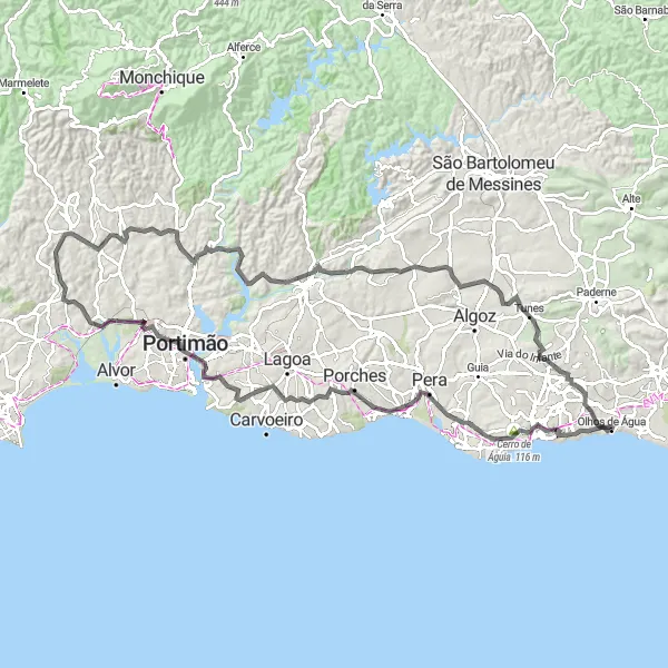 Miniatura do mapa de inspiração para ciclismo "Exploração da Costa de Albufeira" em Algarve, Portugal. Gerado pelo planejador de rotas de ciclismo Tarmacs.app