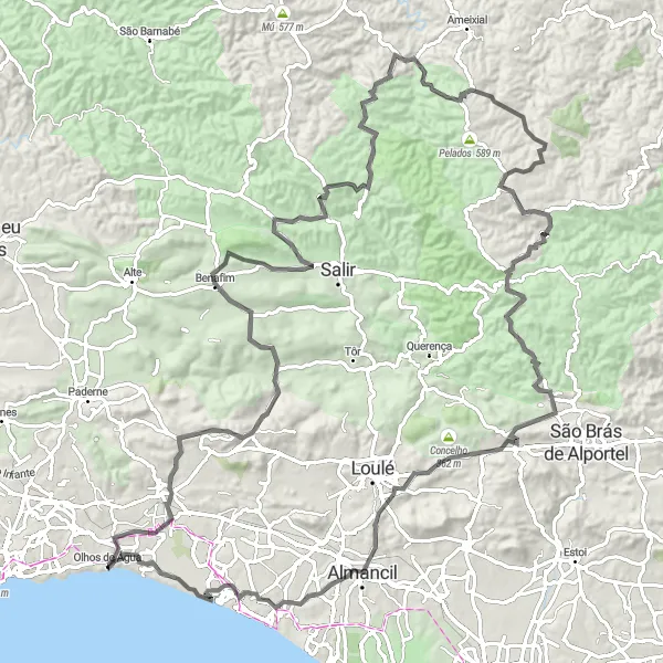 Miniatura do mapa de inspiração para ciclismo "Desafio das Colinas Algarvias" em Algarve, Portugal. Gerado pelo planejador de rotas de ciclismo Tarmacs.app