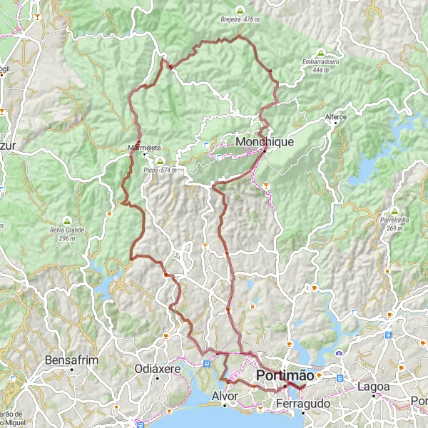 Miniatura do mapa de inspiração para ciclismo "Travessia Montanhosa de Monchique" em Algarve, Portugal. Gerado pelo planejador de rotas de ciclismo Tarmacs.app