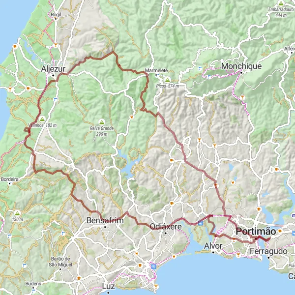Miniatura do mapa de inspiração para ciclismo "Rota de Gravel Parchal - Tholos de Alcalar 7" em Algarve, Portugal. Gerado pelo planejador de rotas de ciclismo Tarmacs.app