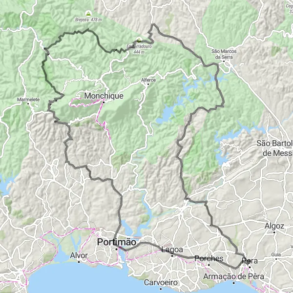 Map miniature of "The Challenging Loop" cycling inspiration in Algarve, Portugal. Generated by Tarmacs.app cycling route planner