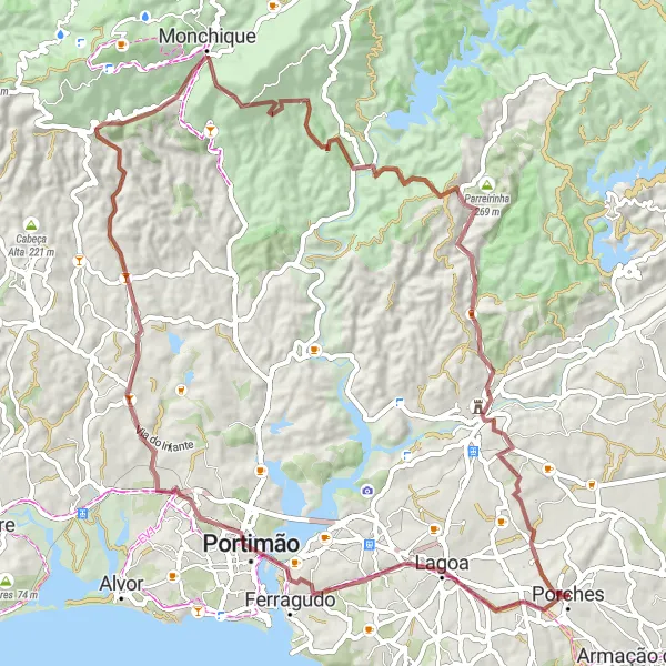 Miniatura do mapa de inspiração para ciclismo "Rota de Ciclismo de Gravel até Monchique" em Algarve, Portugal. Gerado pelo planejador de rotas de ciclismo Tarmacs.app