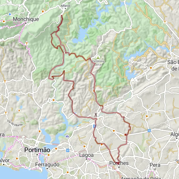 Miniatura do mapa de inspiração para ciclismo "Desafio em Silves e Romano" em Algarve, Portugal. Gerado pelo planejador de rotas de ciclismo Tarmacs.app
