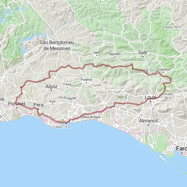 Map miniature of "Exploring Gravel Trails: Barrocal and Wetlands" cycling inspiration in Algarve, Portugal. Generated by Tarmacs.app cycling route planner