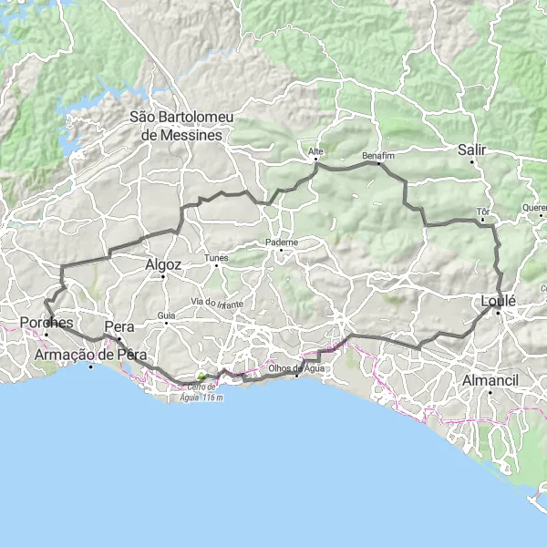 Miniatura do mapa de inspiração para ciclismo "Rota de Ciclismo de Estrada até Loulé" em Algarve, Portugal. Gerado pelo planejador de rotas de ciclismo Tarmacs.app