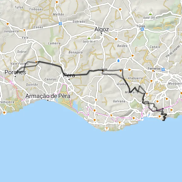 Miniatura do mapa de inspiração para ciclismo "Rota de Ciclismo de Estrada até Albufeira" em Algarve, Portugal. Gerado pelo planejador de rotas de ciclismo Tarmacs.app