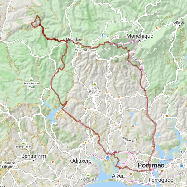 Miniatura do mapa de inspiração para ciclismo "Desafio na Serra de Monchique" em Algarve, Portugal. Gerado pelo planejador de rotas de ciclismo Tarmacs.app