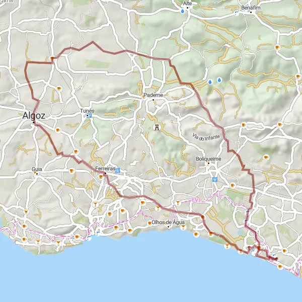 Miniatura do mapa de inspiração para ciclismo "Exploração de Vilamoura a Cerro do Samuel" em Algarve, Portugal. Gerado pelo planejador de rotas de ciclismo Tarmacs.app