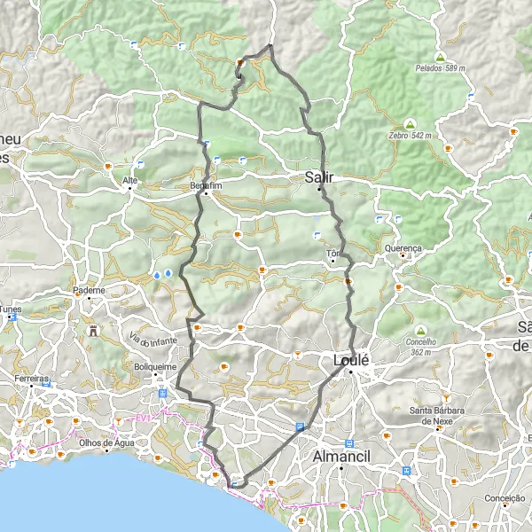 Miniatura do mapa de inspiração para ciclismo "Rota Cênica de Vilamoura a Top Swing" em Algarve, Portugal. Gerado pelo planejador de rotas de ciclismo Tarmacs.app