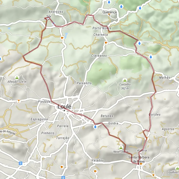 Miniatura do mapa de inspiração para ciclismo "Rota Cénica de Santa Bárbara de Nexe" em Algarve, Portugal. Gerado pelo planejador de rotas de ciclismo Tarmacs.app