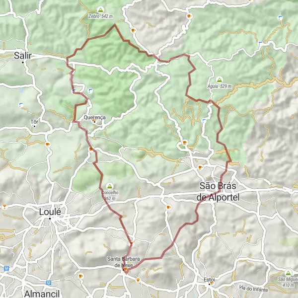 Miniatura do mapa de inspiração para ciclismo "Rota de Santa Bárbara de Nexe a Botelho" em Algarve, Portugal. Gerado pelo planejador de rotas de ciclismo Tarmacs.app