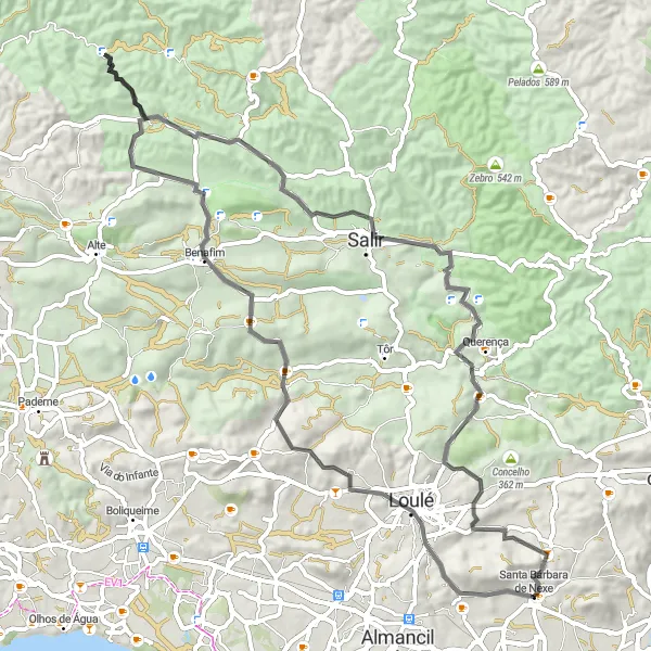 Miniatura do mapa de inspiração para ciclismo "Rota de Santa Bárbara de Nexe a Goldra de Cima" em Algarve, Portugal. Gerado pelo planejador de rotas de ciclismo Tarmacs.app