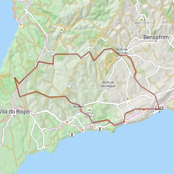 Miniatura do mapa de inspiração para ciclismo "Rota de Gravel de Luz a Pedralva" em Algarve, Portugal. Gerado pelo planejador de rotas de ciclismo Tarmacs.app