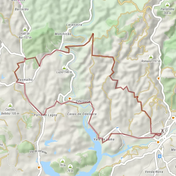 Map miniature of "Scenic Gravel Route from Silves" cycling inspiration in Algarve, Portugal. Generated by Tarmacs.app cycling route planner