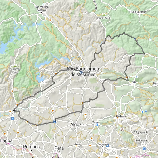 Miniatura do mapa de inspiração para ciclismo "Rota do Castelo de Silves" em Algarve, Portugal. Gerado pelo planejador de rotas de ciclismo Tarmacs.app