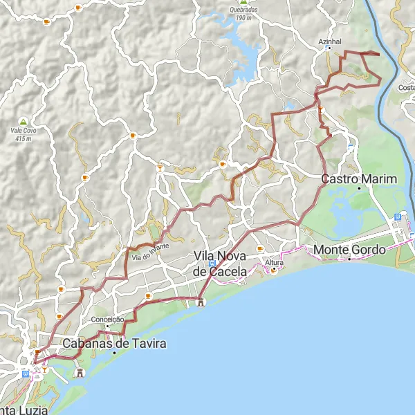 Map miniature of "Scenic Gravel Ride from Tavira to Conceição" cycling inspiration in Algarve, Portugal. Generated by Tarmacs.app cycling route planner