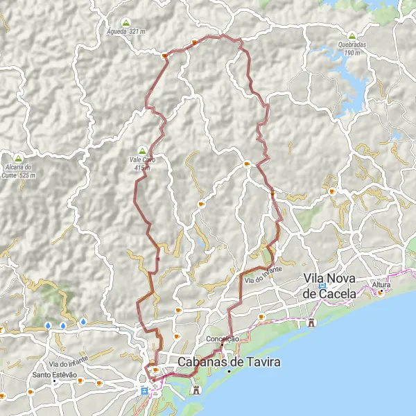 Miniatura do mapa de inspiração para ciclismo "Trilho da Ursa e Cabanas" em Algarve, Portugal. Gerado pelo planejador de rotas de ciclismo Tarmacs.app