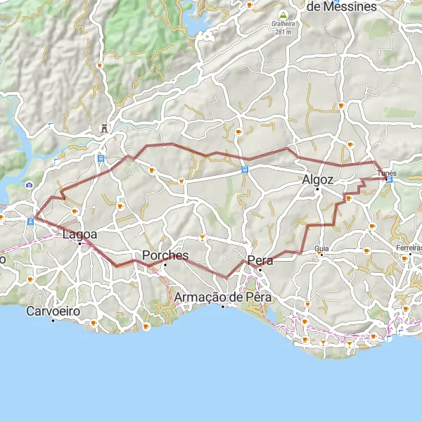 Miniatura do mapa de inspiração para ciclismo "Trilhos Algarvios de Gravel" em Algarve, Portugal. Gerado pelo planejador de rotas de ciclismo Tarmacs.app