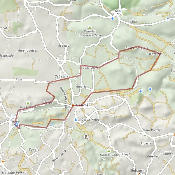Miniatura do mapa de inspiração para ciclismo "Trilho de Guiné e Paderne" em Algarve, Portugal. Gerado pelo planejador de rotas de ciclismo Tarmacs.app