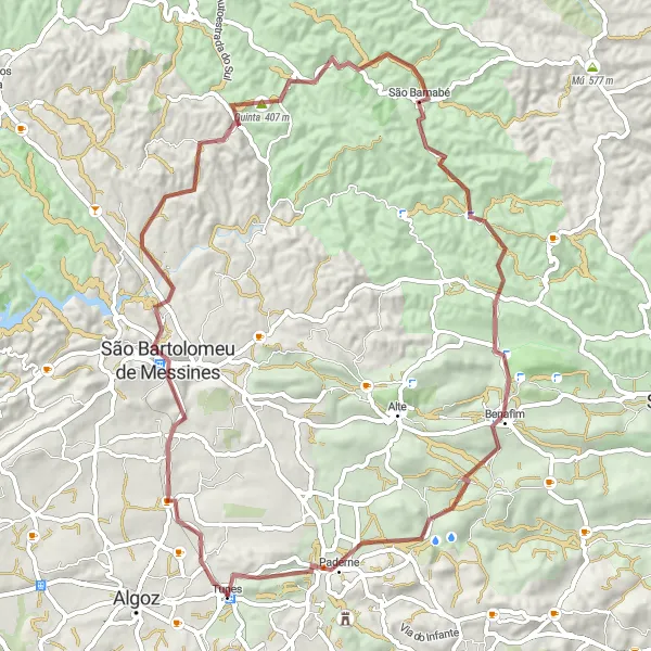 Miniatura do mapa de inspiração para ciclismo "Rota de São Bartolomeu de Messines e Benafim" em Algarve, Portugal. Gerado pelo planejador de rotas de ciclismo Tarmacs.app