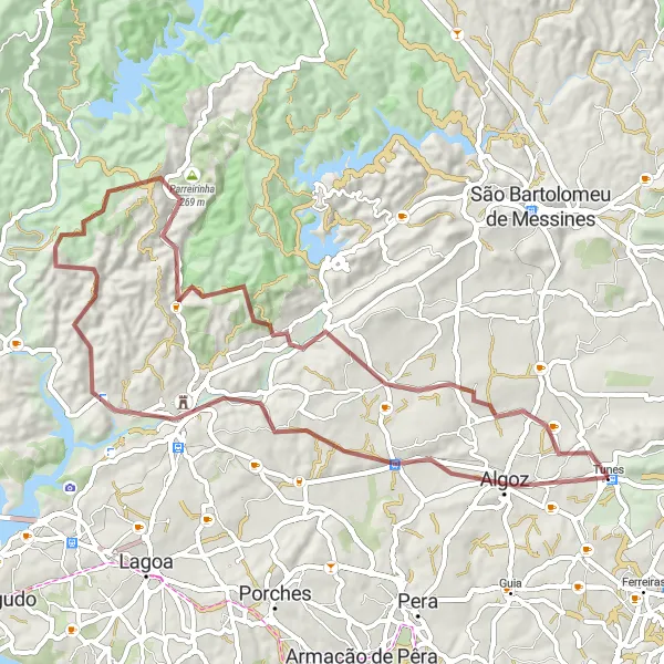 Miniatura do mapa de inspiração para ciclismo "Rota Histórica de Silves e Algoz" em Algarve, Portugal. Gerado pelo planejador de rotas de ciclismo Tarmacs.app
