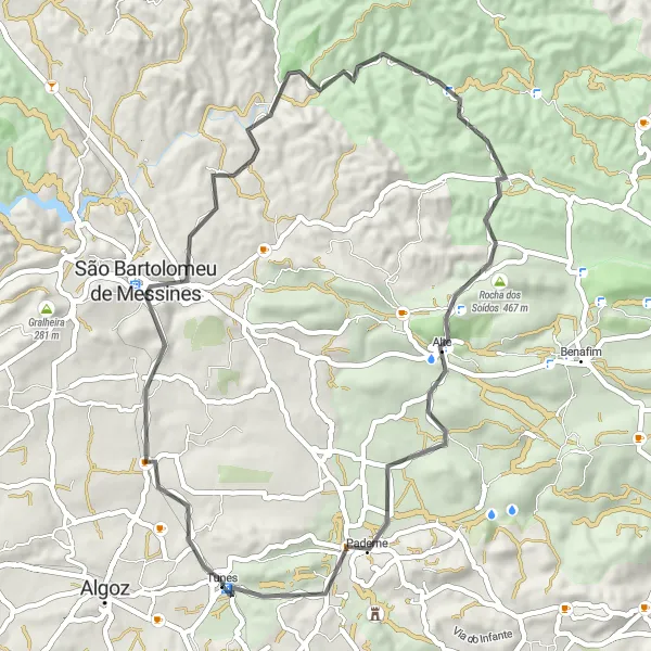 Miniatura do mapa de inspiração para ciclismo "Rota de São Bartolomeu de Messines e Paderne" em Algarve, Portugal. Gerado pelo planejador de rotas de ciclismo Tarmacs.app