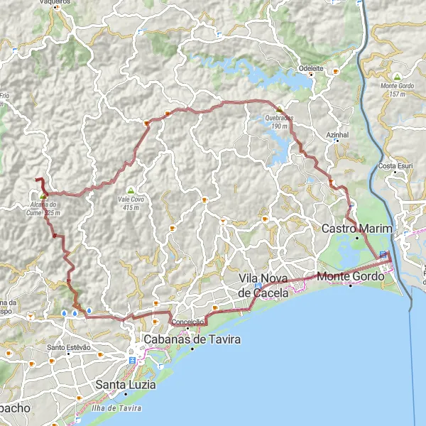 Map miniature of "Scenic Gravel Cycling Tour of Eastern Algarve" cycling inspiration in Algarve, Portugal. Generated by Tarmacs.app cycling route planner