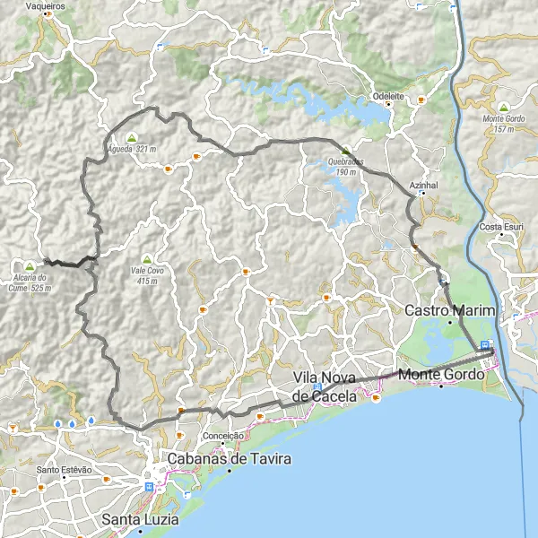 Miniatura do mapa de inspiração para ciclismo "Caminho das Colinas Douradas" em Algarve, Portugal. Gerado pelo planejador de rotas de ciclismo Tarmacs.app