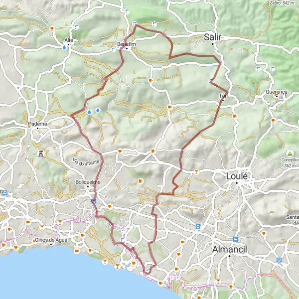 Miniatura do mapa de inspiração para ciclismo "Rota de Ciclismo de Gravel Boliqueime-Benafim" em Algarve, Portugal. Gerado pelo planejador de rotas de ciclismo Tarmacs.app